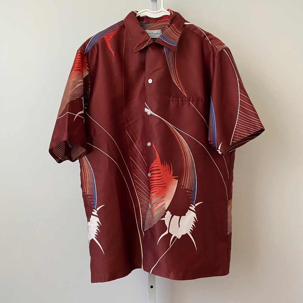 Mark Raysten Silk Tropical Beachy Abstract Feather Print Shirt L Red Burgundy
